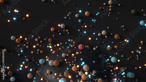 Glossy and illuminating spheres are falling down to big reflective sphere and floor. 3d render background.