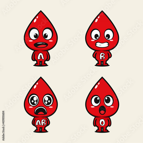 Set of cute blood types. Happy Cute healthy blood drop character. Blood type group mascot. Illustration vector