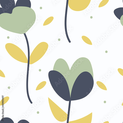 Seamless pattern with cute cartoon flowers and leaves for fabric print, textile, gift wrapping paper. colorful vector for kids, flat style
