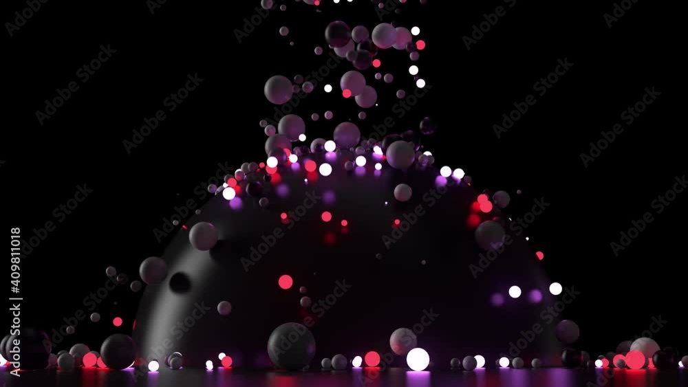 Glossy and illuminating purple and white spheres are falling down to big reflective sphere and floor. 3d render background. Glossy and illuminating purple and white spheres are falling down to big reflective sphere and floor. 3d render background.