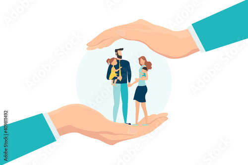 Family safety, life insurance or protection concept, lovely family holding hands, parent with children in helping hand, palm with other hand covering from above for shelter and protection.