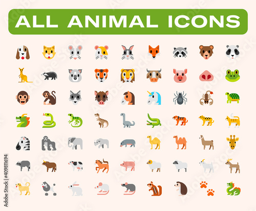 All animals vector illustrations set. Wild, domestic, farm, savannah animals icons set. Dog, cat, rabbit, horse, monkey, elephant, lion, giraffe, crocodile, cow cute cartoon vector collection