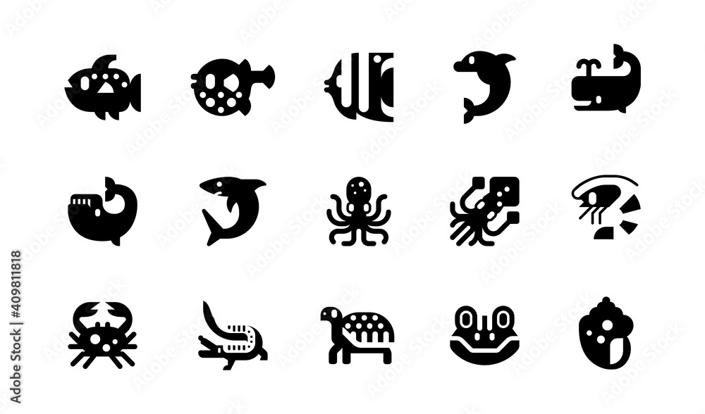 Fishes and reptiles vector illustration icons set. Seafood, ocean animals, dolphin, shark, whale, squid, octopus, shrimp, crab, crocodile, frog isolated cartoon black flat symbols collection