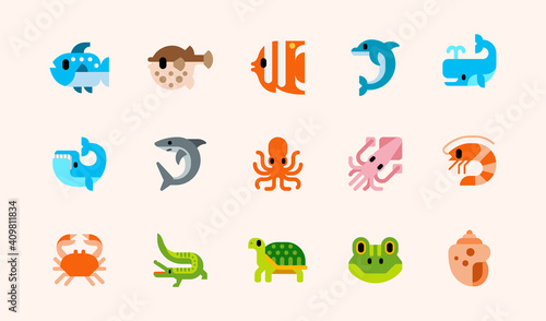 Fototapeta Naklejka Na Ścianę i Meble -  Fishes and reptiles vector illustration icons set. Seafood, ocean animals, dolphin, shark, whale, squid, octopus, shrimp, crab, crocodile, frog isolated cartoon colorful flat symbols collection
