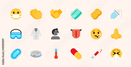 Medical and Hygiene vector illustrations icons set. Virus protection tips, self care rules, cleaning, medicine, hygiene isolated symbols collection