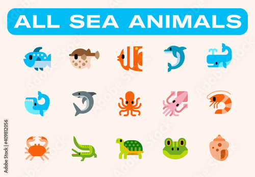 Fototapeta Naklejka Na Ścianę i Meble -  Fishes and reptiles vector illustration icons set. Seafood, ocean animals, dolphin, shark, whale, squid, octopus, shrimp, crab, crocodile, frog isolated cartoon colorful flat symbols collection