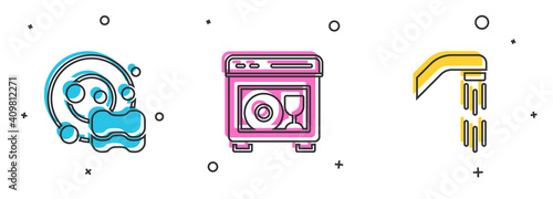 Set Washing dishes, Dishwasher machine and Shower head icon. Vector.