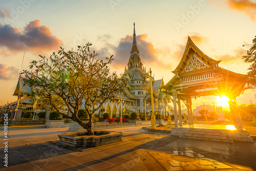 Thai temple, So Thon Wara Ram Worawihan Temple Chachoengsao at sunset In Thailand
