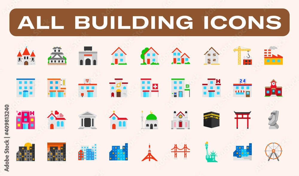 All type of Buildings, Architecture Examples Vector Illustration Icons ...