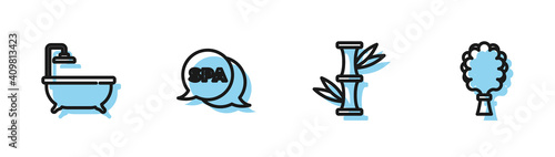 Set line Bamboo, Bathtub, Spa salon and Sauna broom icon. Vector.