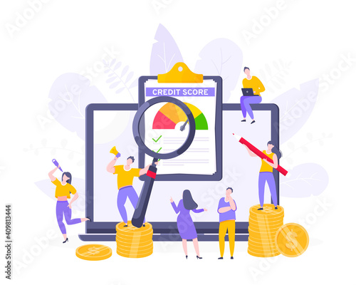 Credit score report with arrow gauge speedometer indicator with color levels on giant clipboard. Measurement from poor to excellent rating with tiny people working together vector illustration.