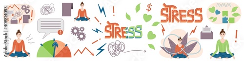 Large set of stress and depression, lettering and a girl in a lotus pose is isolated on a white background. Despondency, peace. Vector illustration. Stress scale, various icons, sad and smiling woman