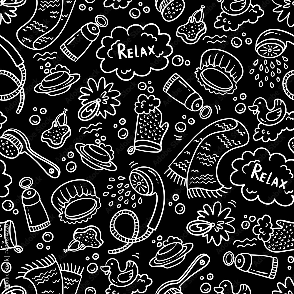 Vector seamless pattern om the theme of hygiene, water procedures, bathing, washing, cleanliness. Cartoon, hand drawn doodles background. Line art on black color