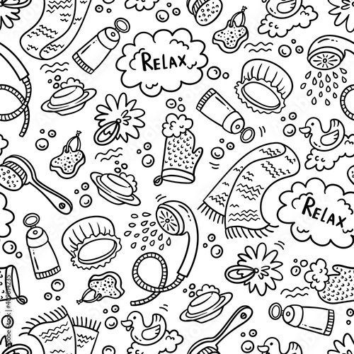 Vector seamless pattern om the theme of hygiene, water procedures, bathing, washing, cleanliness. Cartoon, hand drawn doodles background. Line art on white color