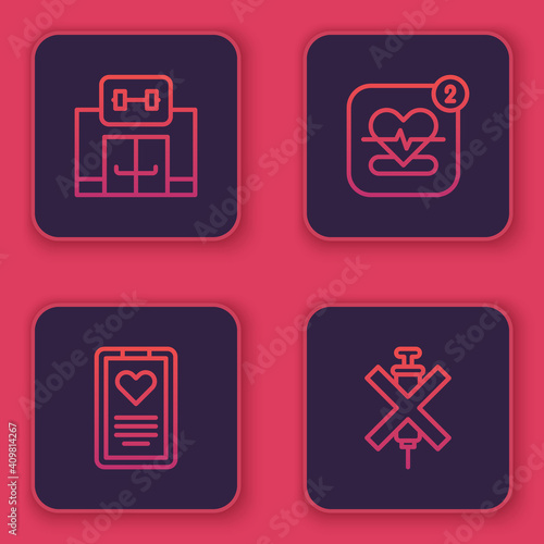 Set line Gym building, Medical clipboard, Mobile with heart rate and No doping syringe. Blue square button. Vector.