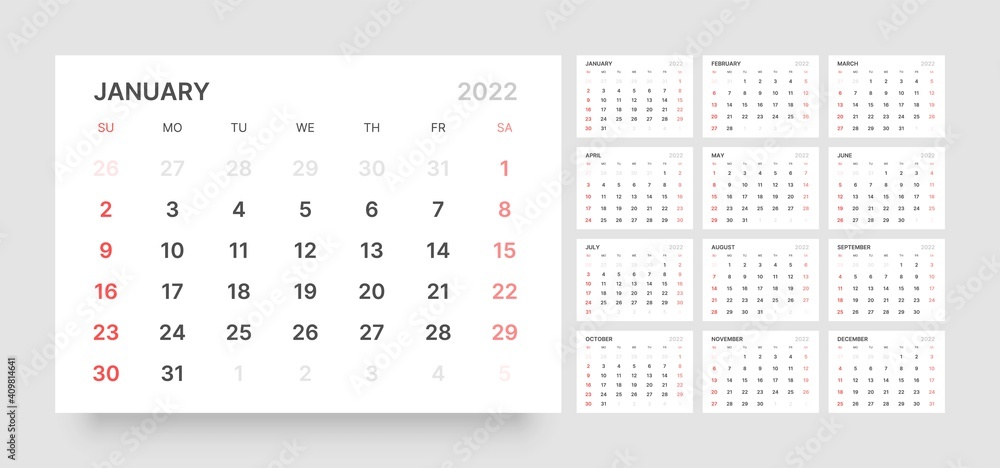 Monthly calendar template for 2022 year. Week Starts on Sunday. Wall calendar in a minimalist style. Monthly calendar template for 2022 year. Week Starts on Sunday. Wall calendar in a minimalist style.