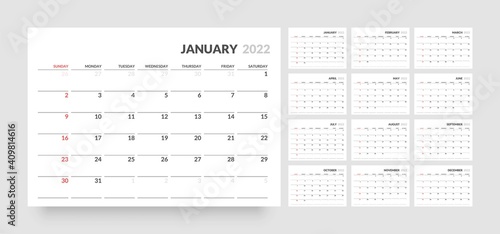 Monthly calendar template for 2022 year. Week Starts on Sunday. Wall calendar in a minimalist style.