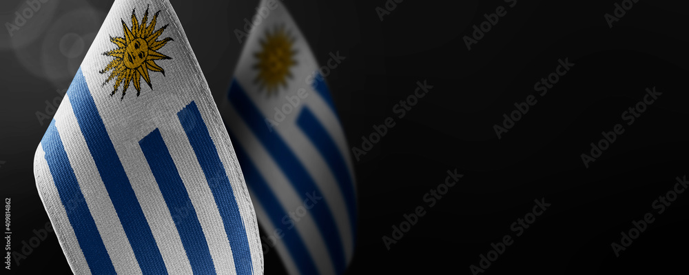 Obraz premium Small national flags of the Uruguay on a dark background