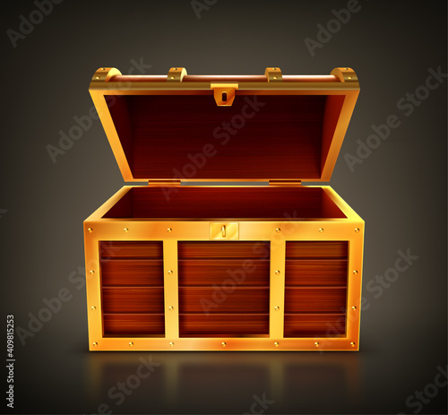 Treasure chest, empty wooden box, open casket with golden details and keyhole. Old trunk for gold or jewelry, pc game item, design element isolated on black background Realistic 3d vector illustration