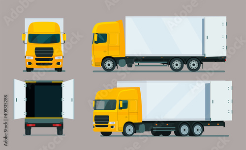 Cargo truck four angle set. Truck with open cargo door . Side, back and front view. Vector flat style illustration.