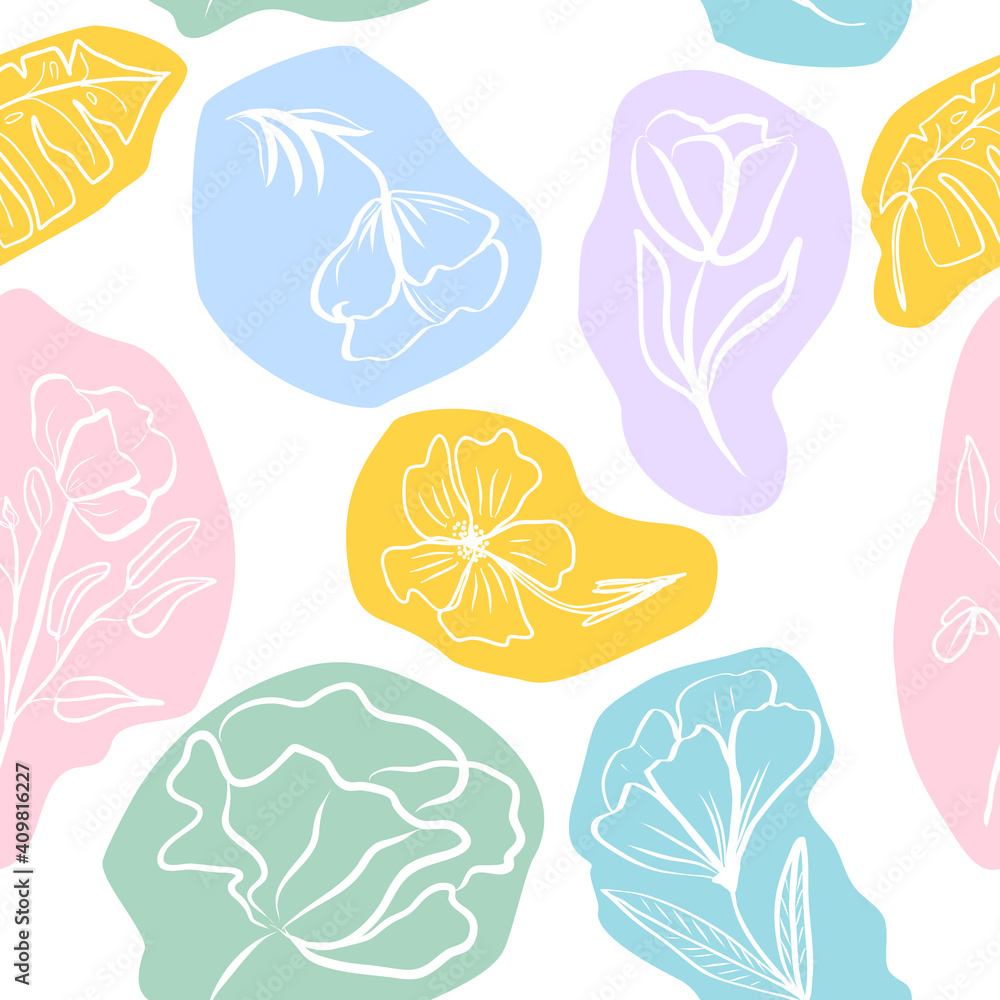 Seamless pattern of hand draw tropical leaves and flowers Seamless pattern of hand draw tropical leaves and flowers