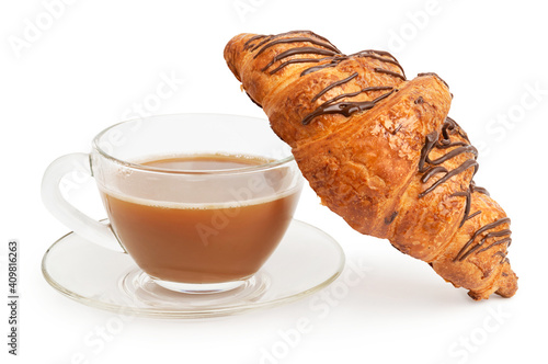Fototapeta Naklejka Na Ścianę i Meble -  Cup of coffee and a chocolate croissant
