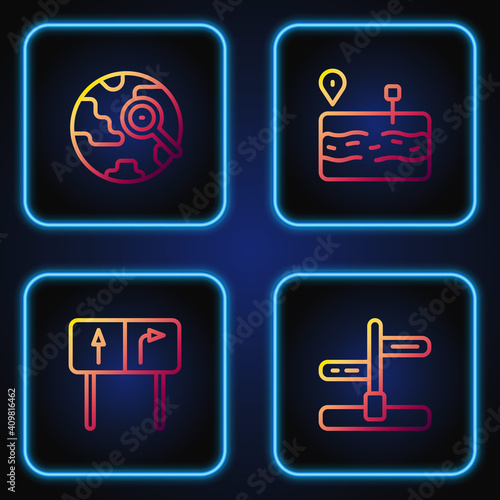 Set line Road traffic sign, , Magnifying glass with globe and Broken road. Gradient color icons. Vector.