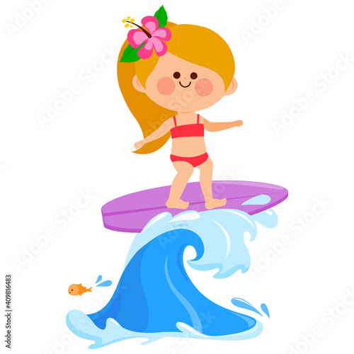 Girl on summer vacations surfing on a wave in the sea. Vector illustration