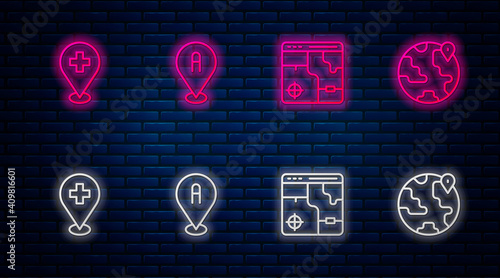 Set line Location, Infographic of city map, Medical location with cross and the globe. Glowing neon icon on brick wall. Vector.