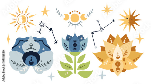 Celestial lotus flower, sun and moon isolated boho kids clipart, stars, constelations and lunar symbols on white background, mystical space baby illustration, vector design elements