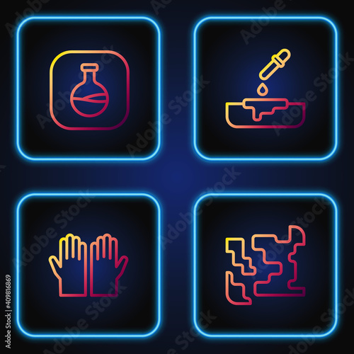 Set line Gaseous, Medical rubber gloves, Test tube and flask and Petri dish with pipette. Gradient color icons. Vector.