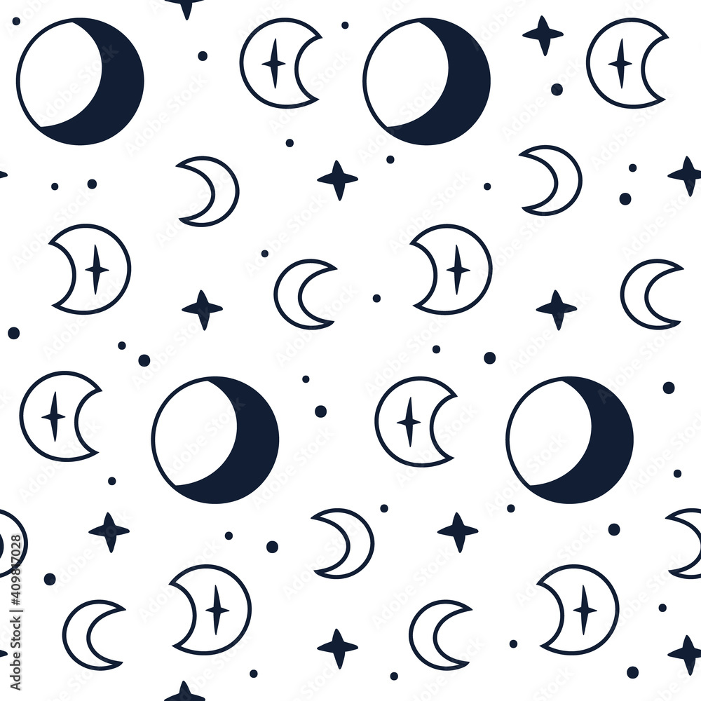 Celestial black and white moon seamless pattern - hand drawn line space digital paper with moon and stars, cute kids starry seamless background for textile, scrapbooking, wrapping paper Celestial black and white moon seamless pattern - hand drawn line space digital paper with moon and stars, cute kids starry seamless background for textile, scrapbooking, wrapping paper