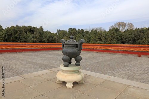 Chinese Qing Dynasty incense burner architecture landscape in Ditan Park, Beijing, China photo