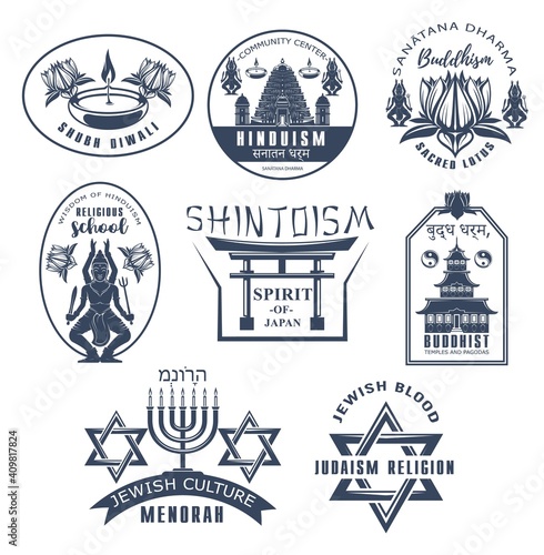 Religious vector icons buddhism, judaism, shintoism and hinduism world religion symbols. Buddhist temple and pagoda, sacred lotus, jewish and japanese culture signs. Menorah, sanatana dharma emblems