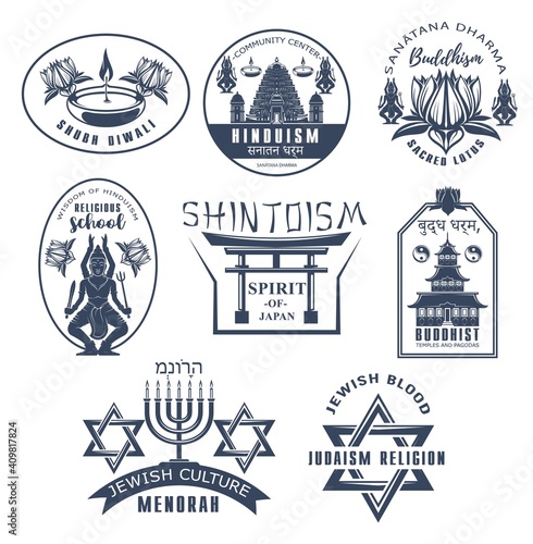 Religious vector icons buddhism  judaism  shintoism and hinduism world religion symbols. Buddhist temple and pagoda  sacred lotus  jewish and japanese culture signs. Menorah  sanatana dharma emblems