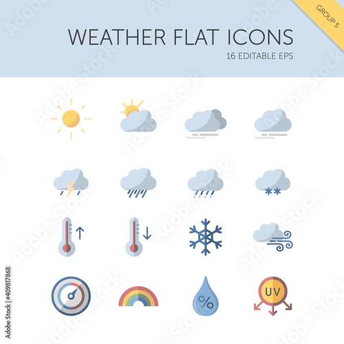 Weather and meteorology group. Sun, clouds, temperature and pressure. Isolated icon set. Flat vector illustration