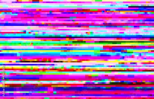 Abstract background with glitch effect, vector distortion, glitched colored horizontal stripes and random pixels on Television set or video camera screen. Distorted glitch effect, no signal TV frame