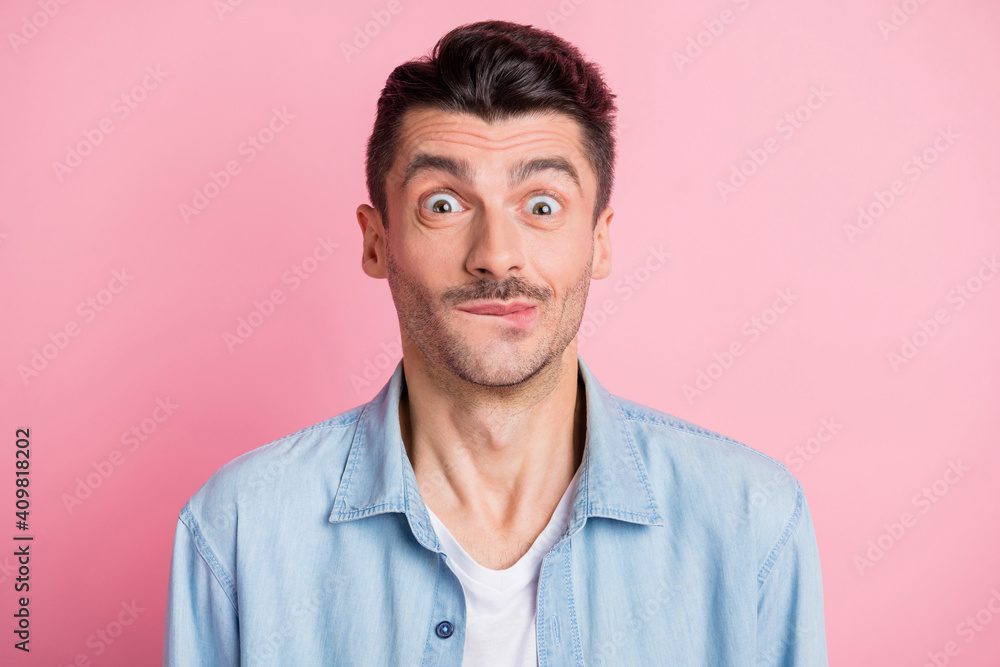 Photo of excited happy young attractive man amazed wish anticipation isolated on pastel pink color background - obrazy, fototapety, plakaty 