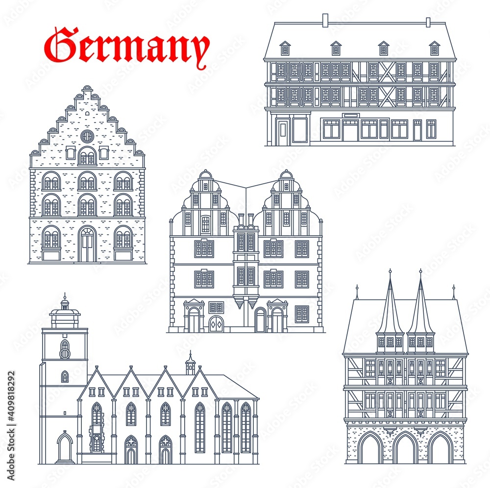 Germany landmarks architecture in Hesse, vector icons of churches and town halls. German travel buildings of Weinhaus and Walpurgiskirche church, Stumpfhaus in Alsfeld, Hochzeithaus and Rathaus