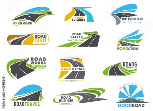 Highway road, driveway and speedway icons set. Road construction, repair works and ravel, freeway safety department and logistics service emblems. Winding roadway, motorway roadside vector