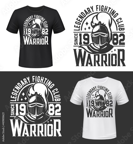 Tshirt print with knight head vector mascot for fighting club. Apparel mockup with roman or greek gladiator soldier or warrior in helmet with plumage and cape. T shirt mock up template with typography