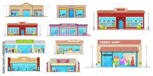 Store and shop buildings isolated vector icons. Cartoon shopping malls exterior front view with glass windows. Jewelry, wigs, sport clothing and fabric, shoes, uniform and hats retail shop buildings
