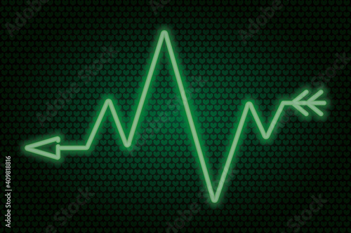 Arrow. Zigzag indicator. Neon glow. Vector illustration. The green symbol indicates the direction. Colored vector illustration. Isolated background of green hearts. Rhythmic pulse trace. Broken line. 