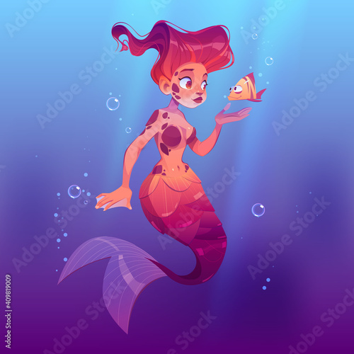 Cute mermaid with little fish underwater in sea. Vector cartoon person, beautiful girl fish with red hair and tail in ocean water with bubbles. Fairy tale or mythology character, pretty mermaid