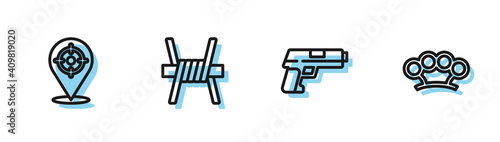 Set line Pistol or gun, Target sport, Barbed wire and Brass knuckles icon. Vector.