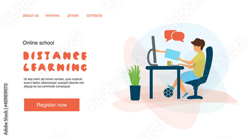 Banner template for posts, story or page for the website. A boy is sitting at the computer. A hand comes out of the monitor. Distance learning or online school. Online school or kids education