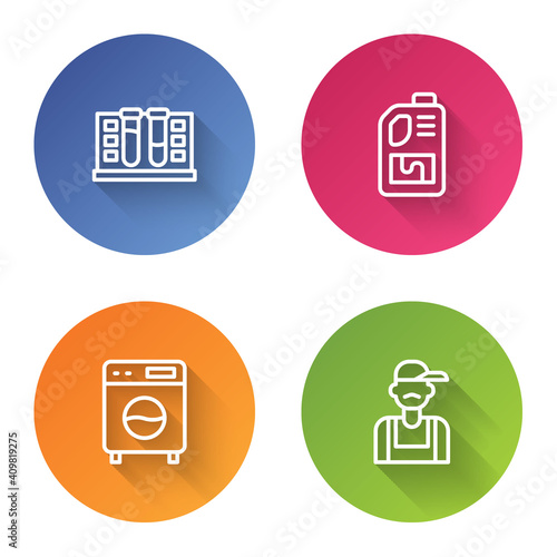 Set line Test tube with water drop, Drain cleaner bottle, Washer and Plumber. Color circle button. Vector.