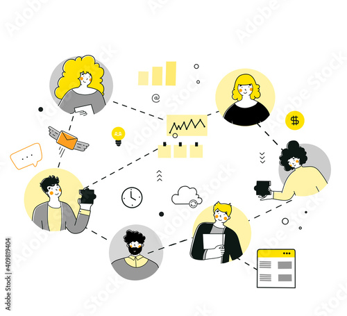 Infographic project manager for web design. Flat style vector. Distance communication.