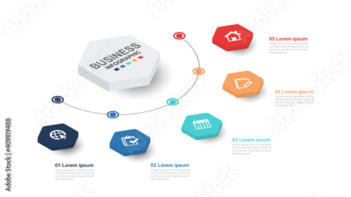 Infographics business 3D Hexagon  template with 5 steps for Presentation, Sale forecast, Web design, improvement, Step by Step
