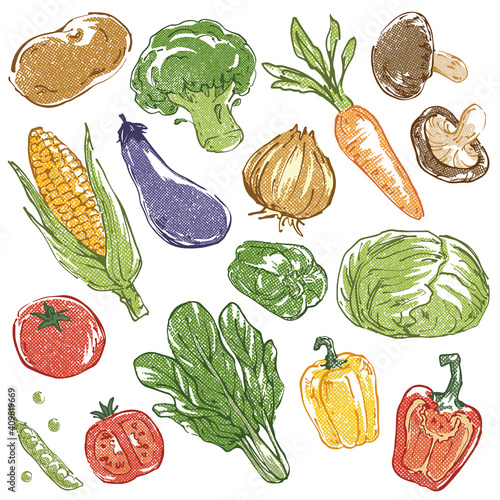 レトロな野菜の手描きイラストセット